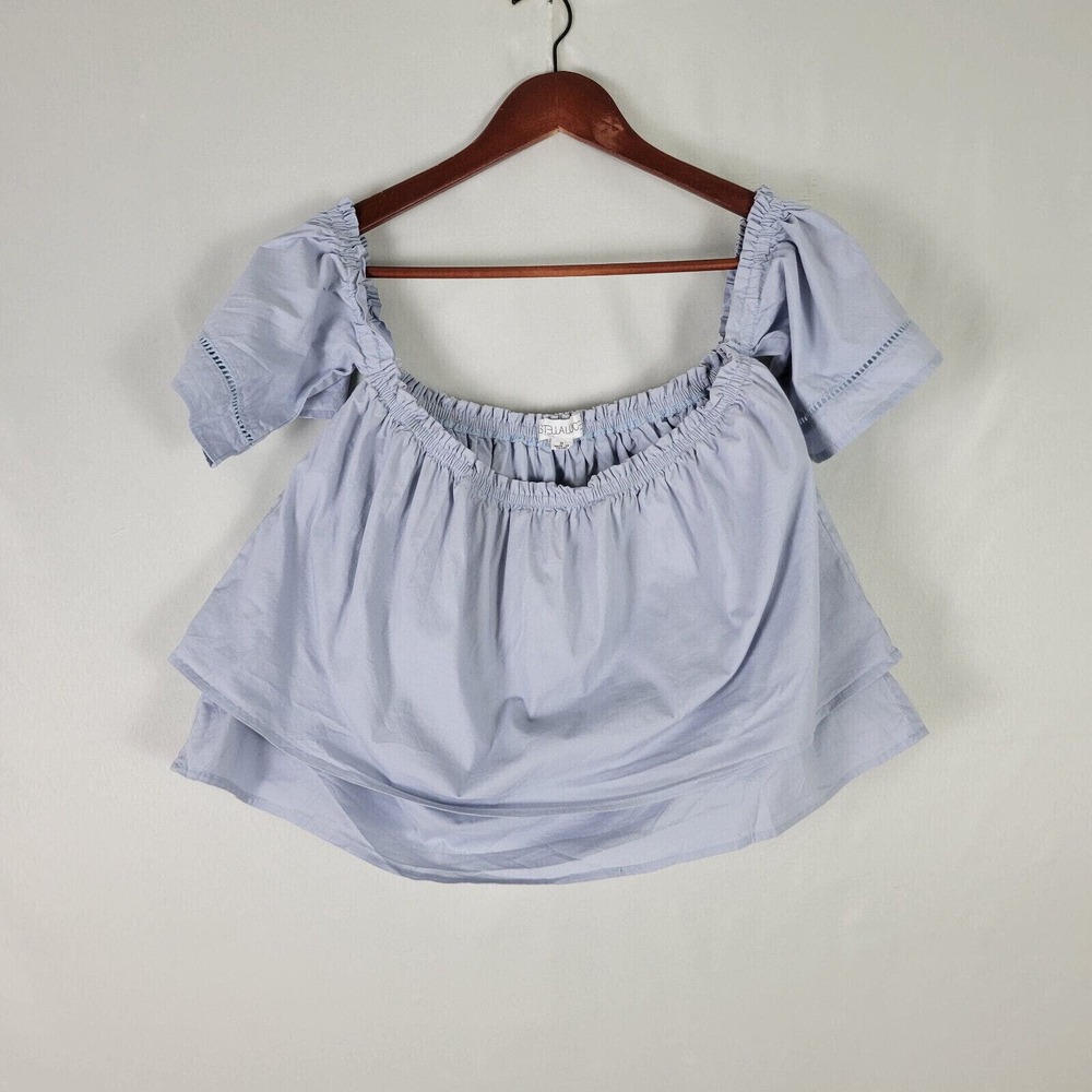 Stella Luce Womens Blouse Medium Crop Top Lavender Short Sleeve Off the Shoulder
